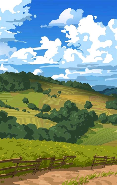 Rural Landscape Painting with Hills and Trees