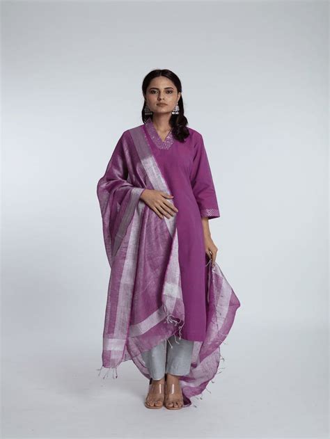 Khadi Dabka Work Kurta Set for Women - Elegant Purple Style – Charkha Tales