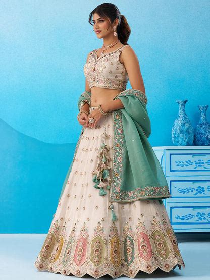 Cream Green Tissue Silk Sequins Embroidered Lehenga Choli with Dupatta ...