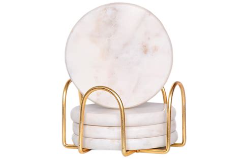 CentraLit Round White Marble Coasters Set of 4 with Stand - Bar Wine ...