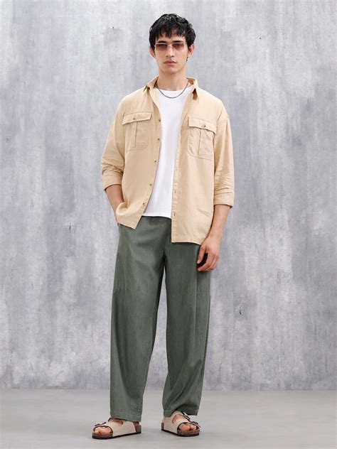 Oversized Fit Solid Shirt With Double Flap Pockets | Beige – Wrogn