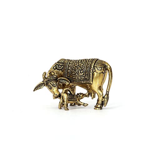 Handcrafted Brass Kamdhenu Cow and Calf Statue - Spiritual Decor Accen ...