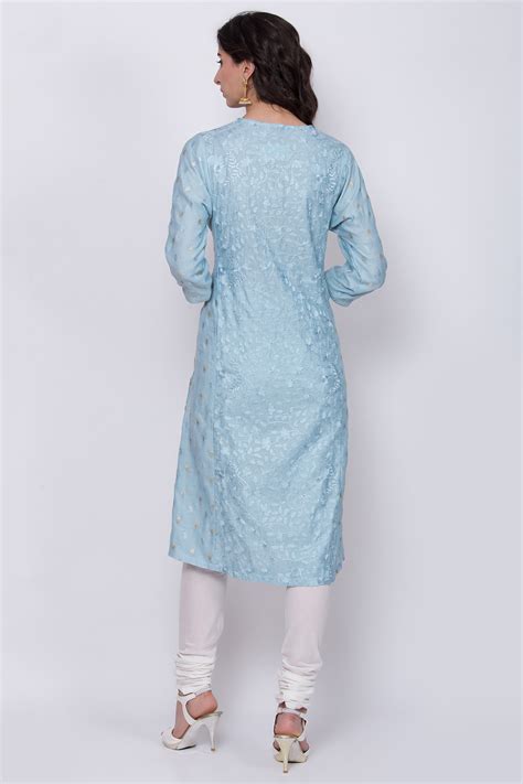 Buy Blue Cotton Silk Straight Kurta Churidar Suit Set Online at Biba India