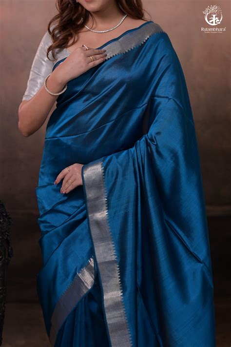 Bhadra - Indigo Blue Plain Handwoven Silk Saree With Silver Zari Borde ...