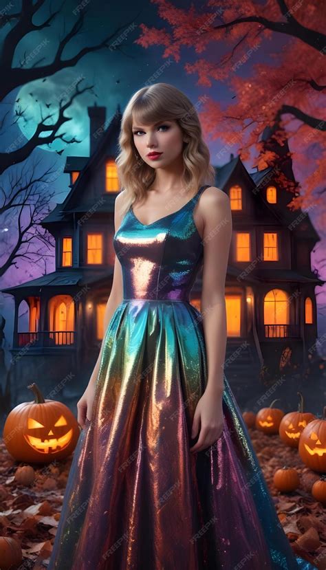 Taylor Swift in a halloween costume stands in front of a haunted house ...