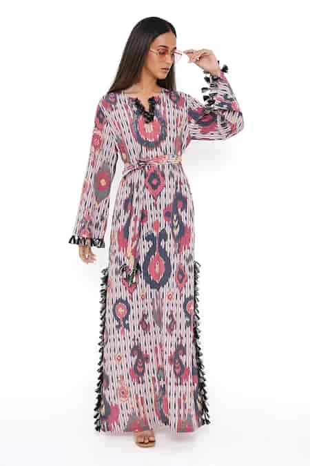 Buy Red Art Crepe Ikat Tribe Print Notched Kaftan For Women by PS Pret ...