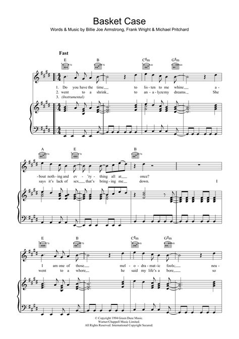Basket Case by Green Day Sheet Music for Piano, Vocal & Guitar Chords ...