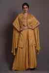 Buy Yellow Satin, Chiffon Embroidery Round Neck Fleur Art Cape Sharara ...