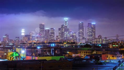 Time Of Los Angeles Skyline At Night Downtown Los Angeles Skyline At