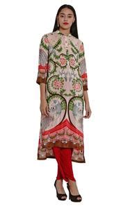 Buy Pink Crepe Band Collar Printed Asymmetric Tunic For Women by ...