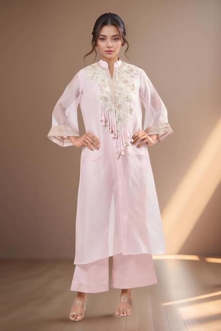 Buy Prisho Embroidered Pink Kurta Set With Jacket Online | Aza Fashion.