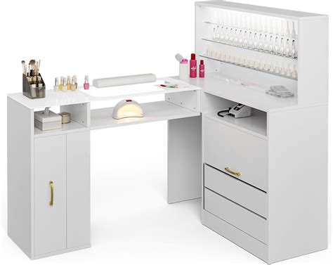 Amazon.com: Paddie Manicure Table with LED Light, L-Shaped Glass Top ...