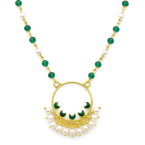 Gold plated Meena pendant necklace with ganthan of pearls and green on