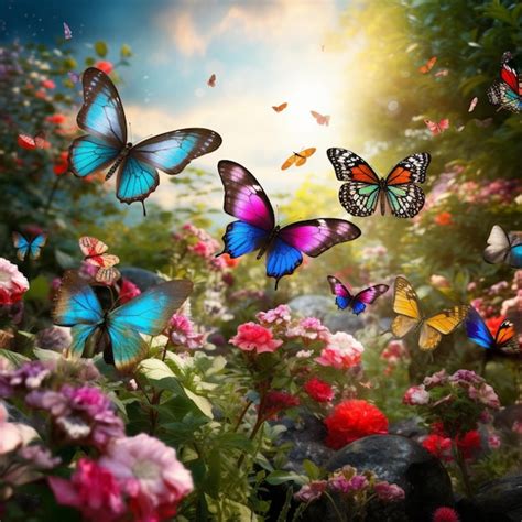 A peaceful garden filled with colorful butterflies | Premium AI ...