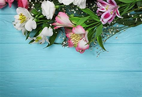 Laeacco Photography Background 7x5ft Fresh Flowers on Turquoise Wooden ...