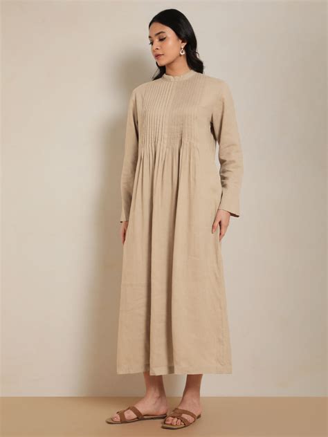 Pleat & Chic Long Linen Dress in Clam Shell 100% Pure Linen | Ecothrea ...