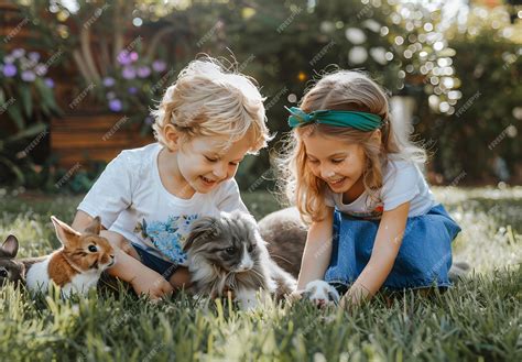 Two children playing with a rabbit and a rabbit | Premium AI-generated ...