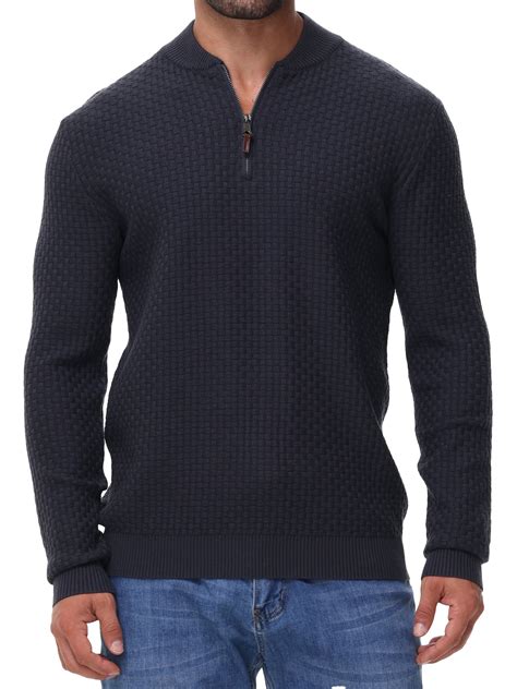 Men's Quarter Zip Sweater Knitted Crew Neck Waffle Textured Casual ...