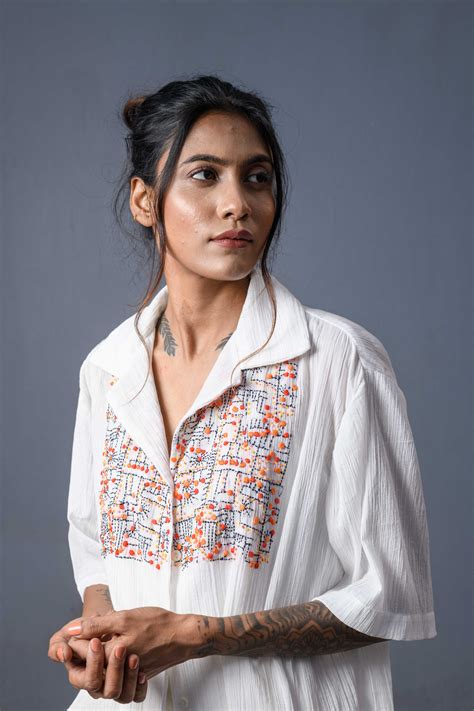White Kantha Work Shirt | Handwoven Bengali Cotton Top