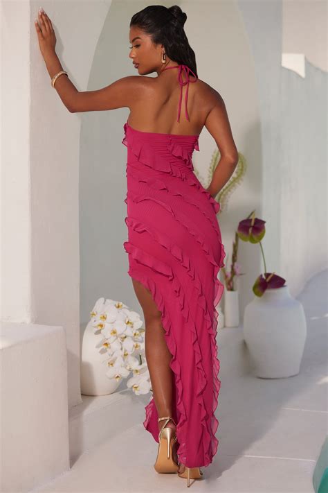 Calico Cross Strap Ruffle Floor Length Dress in Fuchsia | Oh Polly