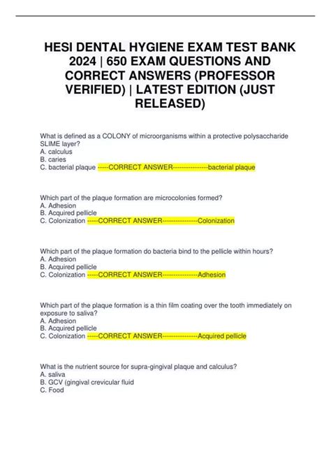 HESI DENTAL HYGIENE EXAM TEST BANK 2024 | 650 EXAM QUESTIONS AND ...