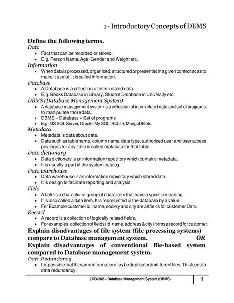 DBMS-Full course Summarized notes - Define the following terms. Data ...