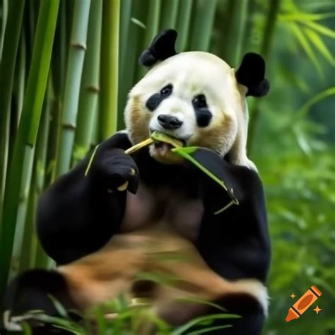 Giant panda eating bamboo in a lush bamboo forest on Craiyon