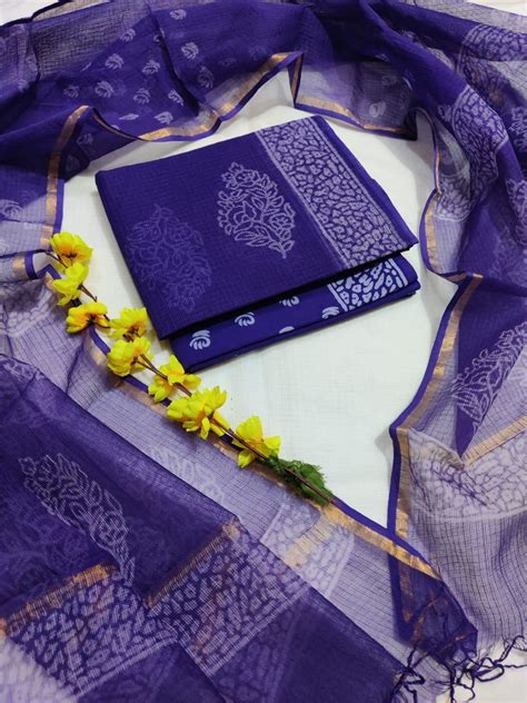Pure Cotton Hand Block Printed Kota Doria Unstitched Salwar Suit ...