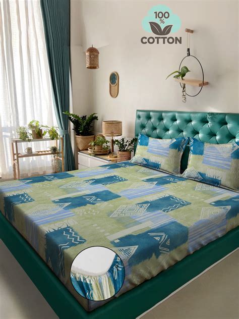 Klotthe Green Geometric 400 TC Pure Cotton Fitted Double Bedsheet with ...