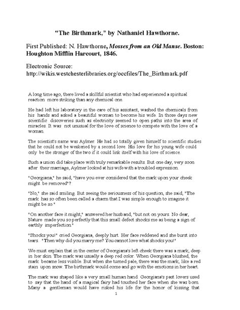 The birthmark - 3 book - "The Birthmark,” by Nathaniel Hawthorne. First ...