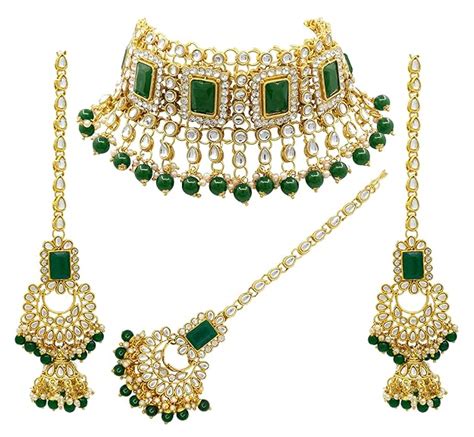Buy Saiyoni Indian Bridal Green Kundan Choker Necklace Set with Maang ...