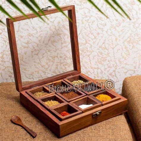 Buy THEHEARTWILL® Spice Box For Kitchen with 2 Spoons| Wooden Masala ...