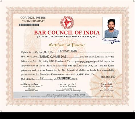 Tanmay Das certified to practice the profession of law by the Bar ...