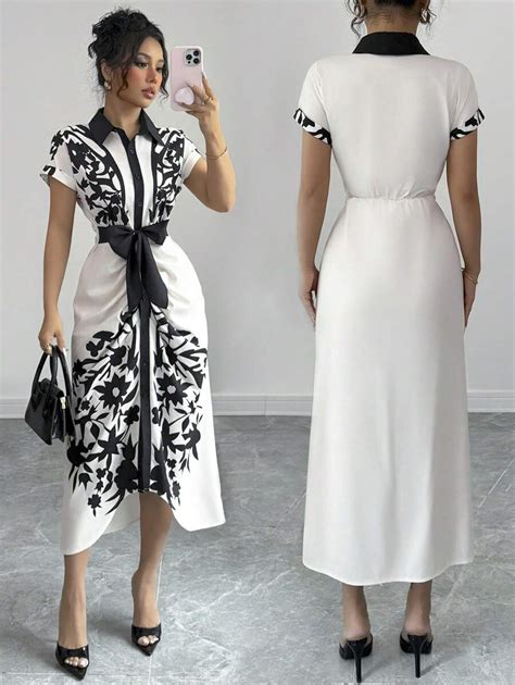 Elenzga Women's Floral Print Lapel Tie Waist Short Sleeve Shirt Dress ...