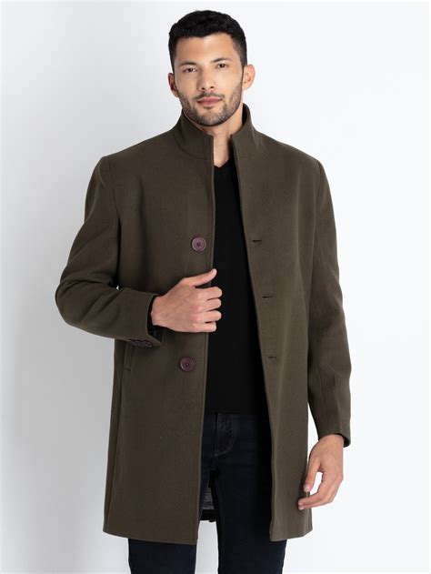 Buy Olive Solid High Neck Long Overcoat for Men | Status Quo