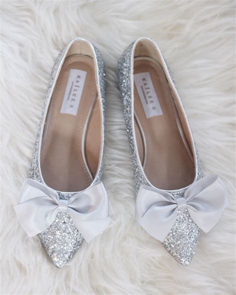 Silver Rock Glitter Pointy Toe Flats With Oversized SATIN BOW, Women ...