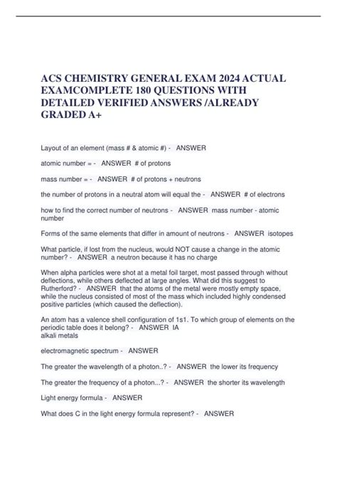 ACS CHEMISTRY GENERAL EXAM 2024 ACTUAL EXAMCOMPLETE 180 QUESTIONS WITH ...