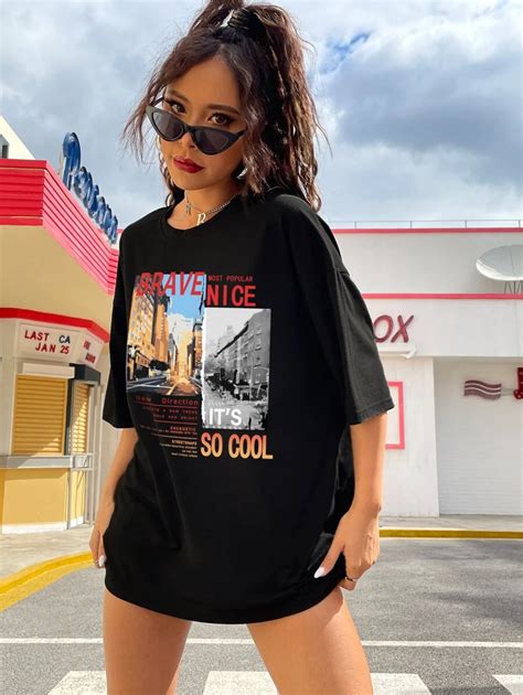 SHEIN EZwear Street View And Slogan Graphic Drop Shoulder Oversized Tee ...