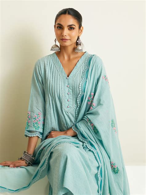 Aqua Embroidered Cotton Dobby Kurta with Pants- Set of 2