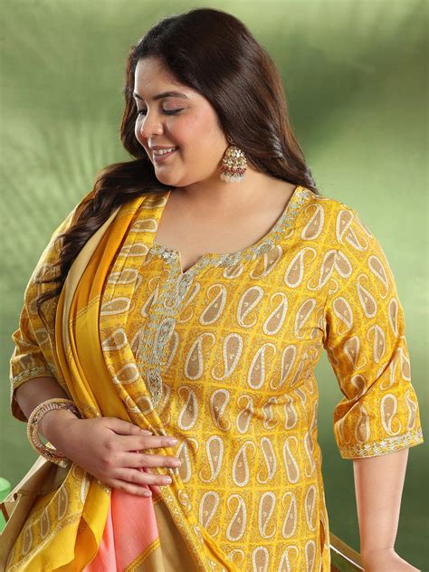 Buy Plus Size Mustard Printed Silk Blend Straight Suit With Dupatta ...