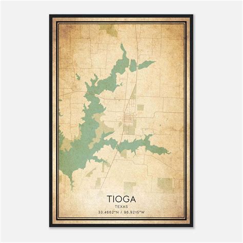 Vintage Tioga Texas Map Poster, Tioga TX City Road Wall Art Print ...