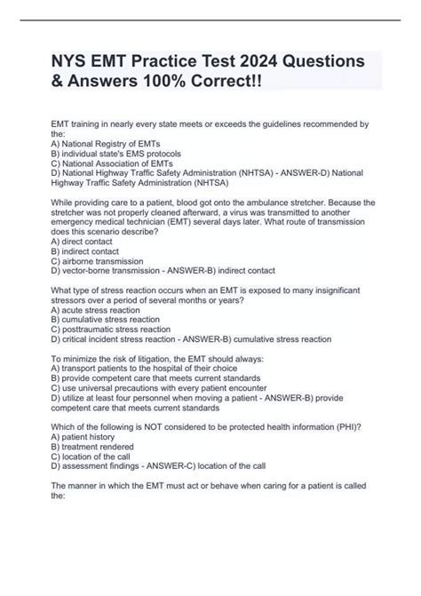 NYS EMT Practice Test 2024 Questions & Answers 100% Correct!! - NYS EMT ...