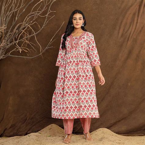 White & Red Mirror work Printed Cotton Kurta set – Cottonsdaily