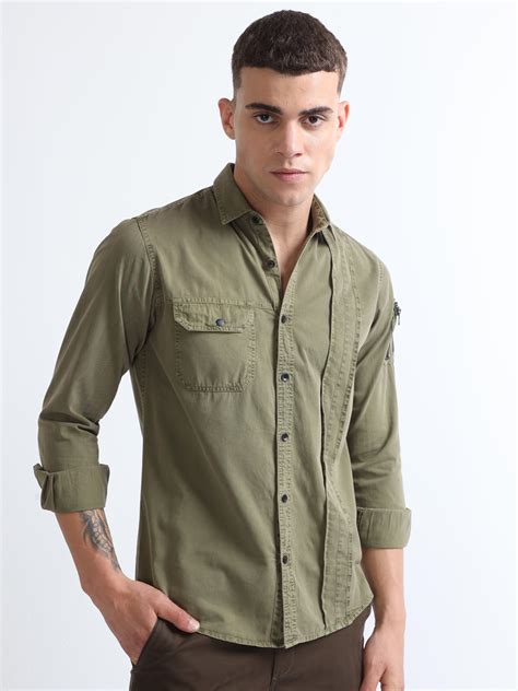 Buy Olive Cut And Sew RFD Double Pocket Stylish Plain Shirt