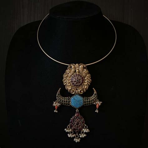 Svetak Gold tone Turquoise stone Silver necklace Floral motif | Motifs ...
