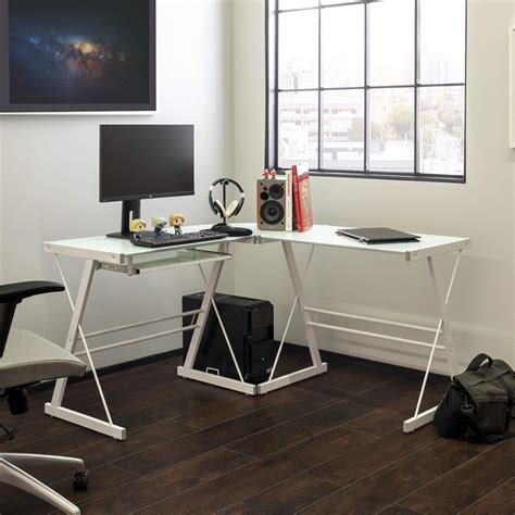 Buy 51" Corner Writing Computer Office Desk - White Metal & Tempered ...