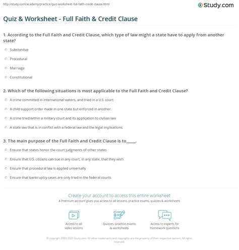 Quiz & Worksheet - Full Faith & Credit Clause | Study.com