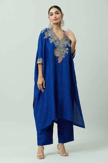 Buy Blue Silk Pearls, Embroidery V-neck Placement Paisley Kurta With ...
