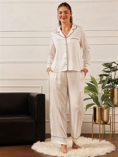 White Satin Full Sleeves Shirt & Pyjama Set – Chelvet