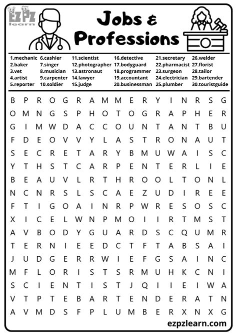 Jobs, Careers and Professions Word Search Free PDF Download 30 Words - Ezpzlearn.com